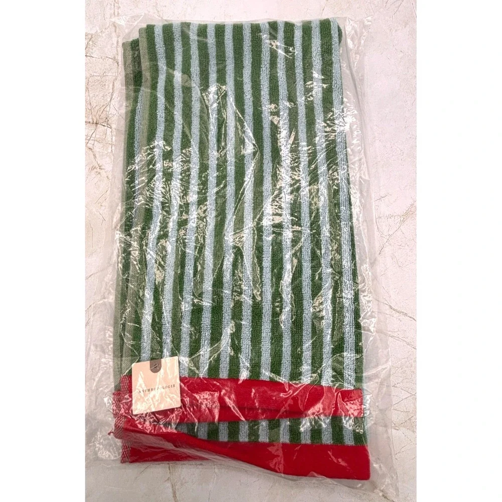 Anthropologie 'Tis The Season Green‎ Hand Towel Holiday Icon Striped 100% Cotton